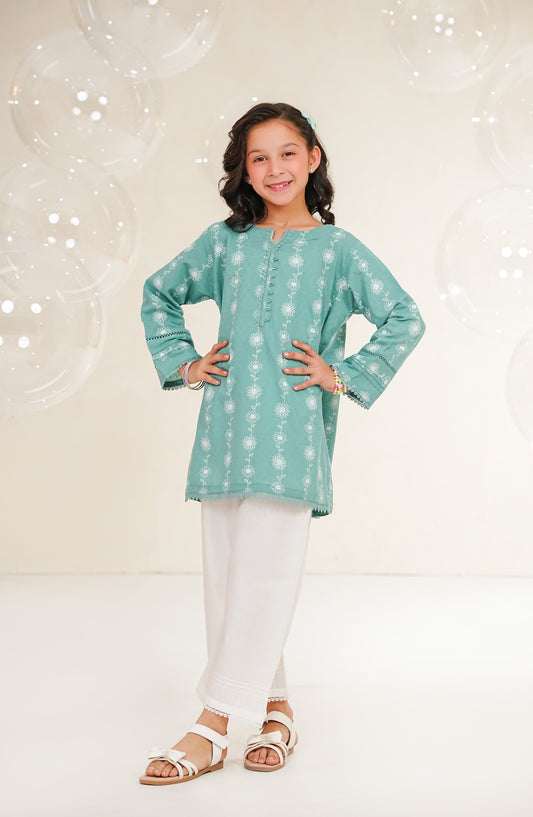 Amna Khadija Guriya Printed & Self Jacquard Cotton Stitched 2 Piece Suit - AKG-04 - AM25GRY - Green - Girls Collection