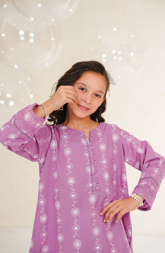 Amna Khadija Guriya Printed & Self Jacquard Cotton Stitched 2 Piece Suit - AKG-07 - AM25GRY - Purple - Girls Collection