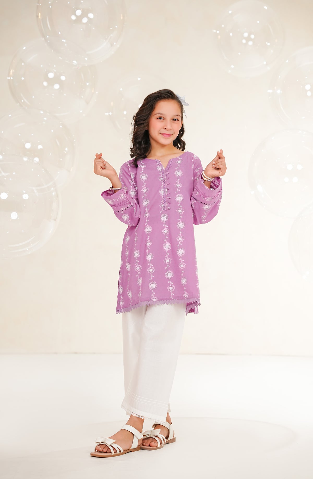 Amna Khadija Guriya Printed & Self Jacquard Cotton Stitched 2 Piece Suit - AKG-07 - AM25GRY - Purple - Girls Collection