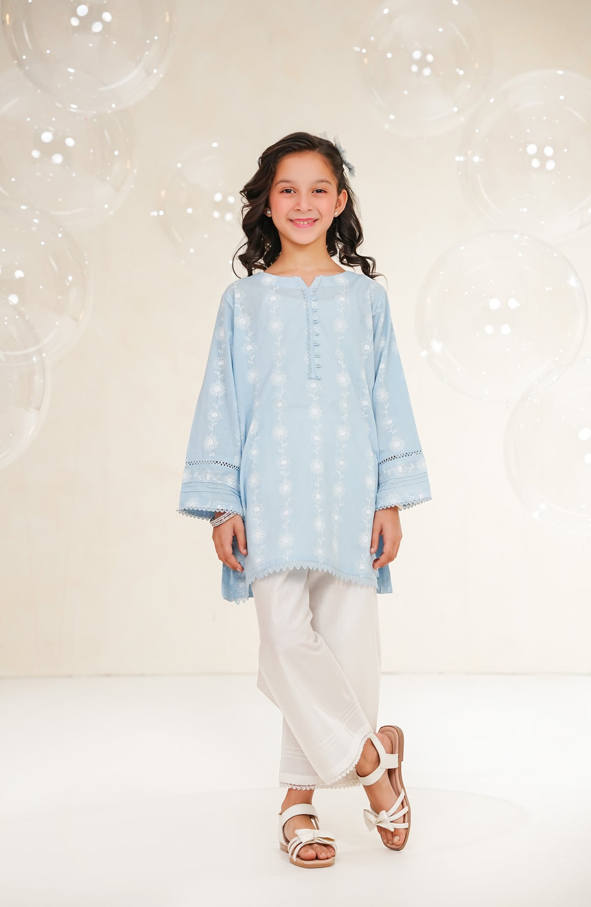 Amna Khadija Guriya Printed & Self Jacquard Cotton Stitched 2 Piece Suit - AKG-09 - AM25GRY - Blue - Girls Collection