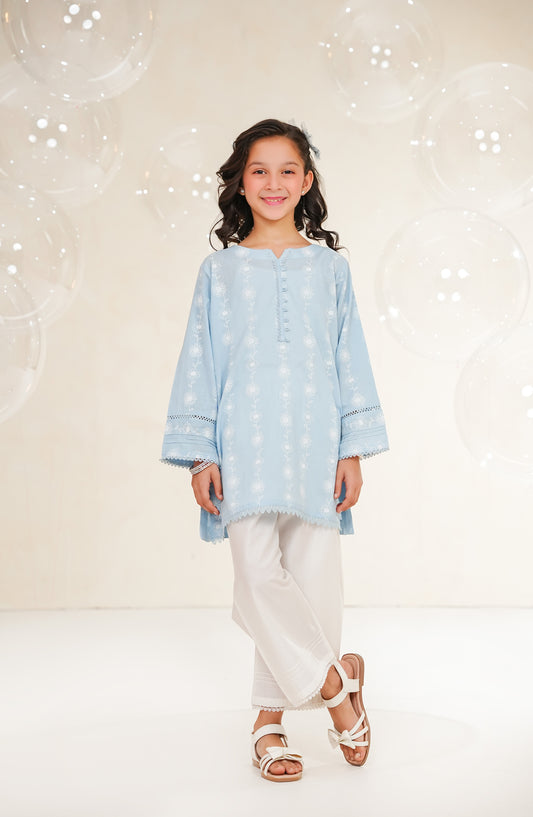 Amna Khadija Guriya Printed & Self Jacquard Cotton Stitched 2 Piece Suit - AKG-09 - AM25GRY - Blue - Girls Collection