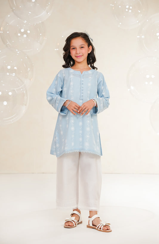 Amna Khadija Guriya Printed & Self Jacquard Cotton Stitched 2 Piece Suit - AKG-09 - AM25GRY - Blue - Girls Collection