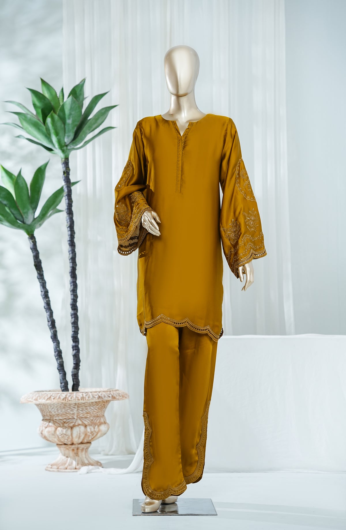 Amna Khadija Jhanvi Luxe Embroidered Silk Stitched 2 Piece Suit - JLS-14 - AM26JLK - Mustard - Festive Collection