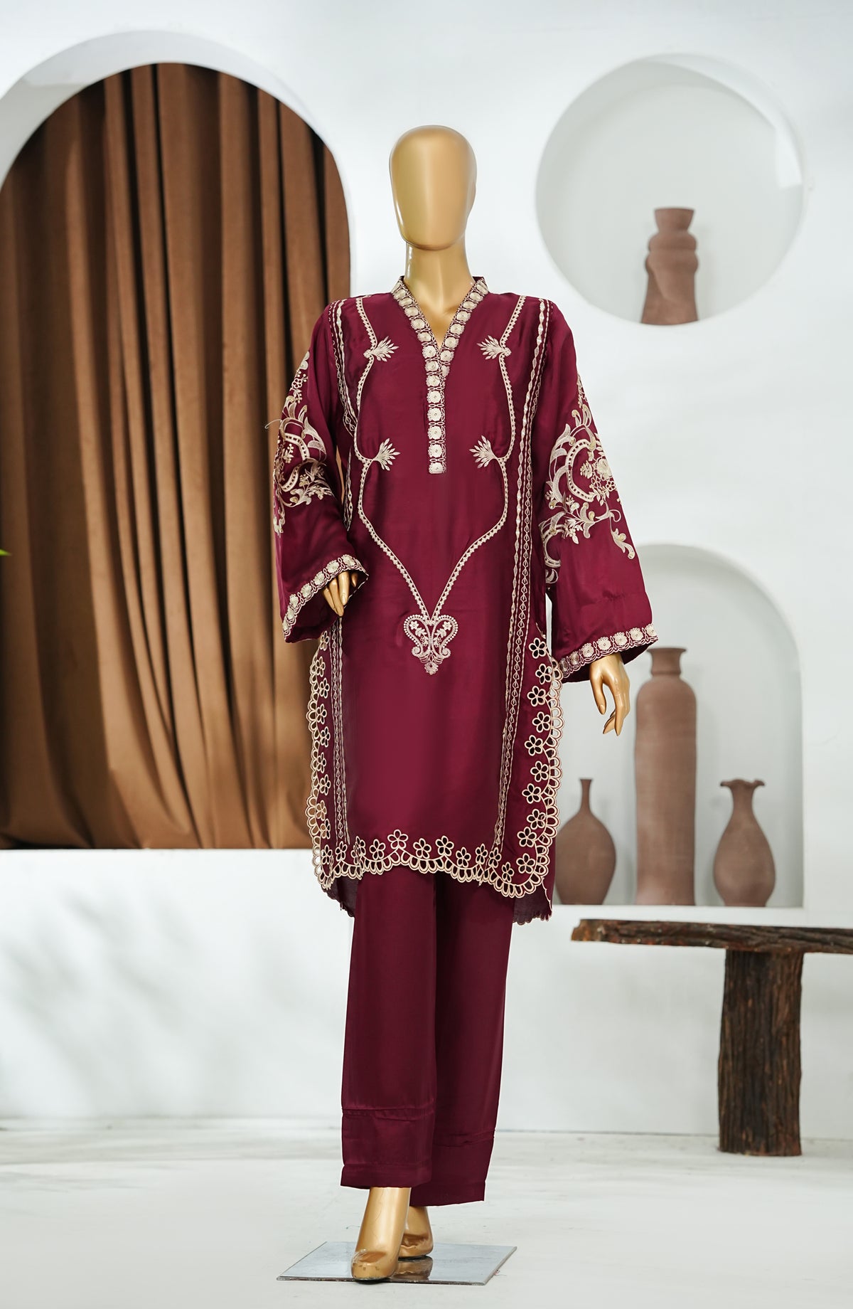 Amna Khadija Jhanvi Luxe Embroidered Shamooz Silk Stitched 2 Piece Suit - JLS-04 - AM26JHV - Maroon - Festive Collection