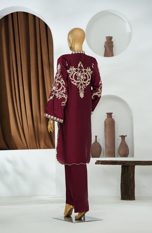 Amna Khadija Jhanvi Luxe Embroidered Shamooz Silk Stitched 2 Piece Suit - JLS-04 - AM26JHV - Maroon - Festive Collection