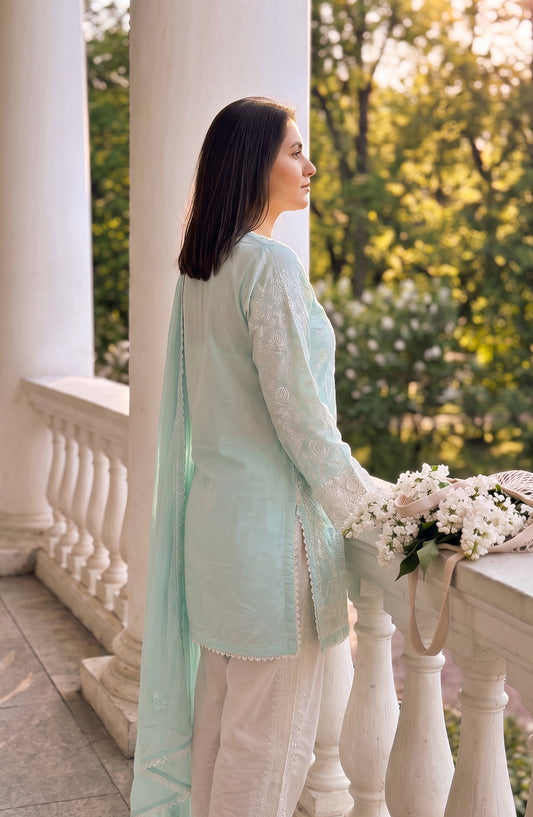 Amna Khadija Joy Ishqia Embroidered Lawn Stitched 3 Piece Suit - AKJ-02 - AM26JYQ - Light Ferozi - Summer Collection