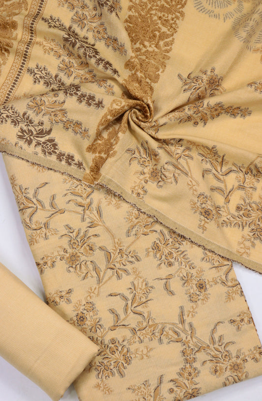 Amna Khadija Broshia Leather Peach Unstitched 3 Piece Suit - Design-1 - AM25BRSC - Yellow - Winter Collection
