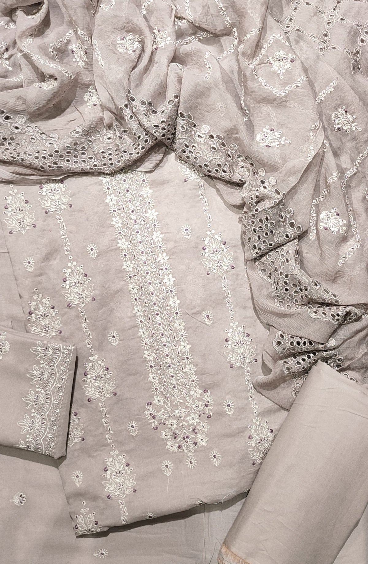 Amna Khadija Luxury Embroidered Swiss Unstitched 3 Piece Suit - Design-04 - AM25LESW - Grey - Summer Collection