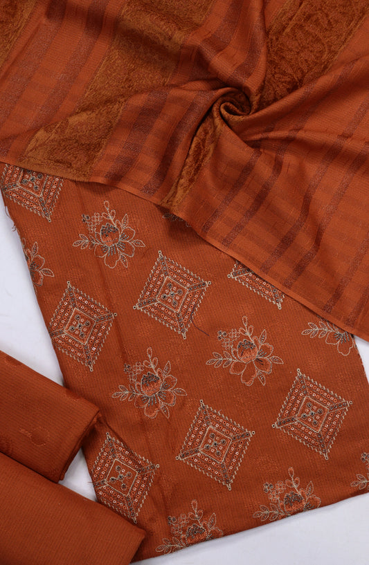 Amna Khadija Mahjabeen Broshia Dhanak Unstitched 3 Piece Suit - Design-03 - AM25MAHJ - Orange - Winter Collection