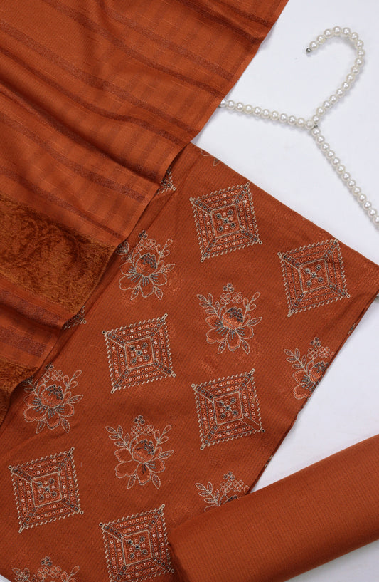 Amna Khadija Mahjabeen Broshia Dhanak Unstitched 3 Piece Suit - Design-03 - AM25MAHJ - Orange - Winter Collection