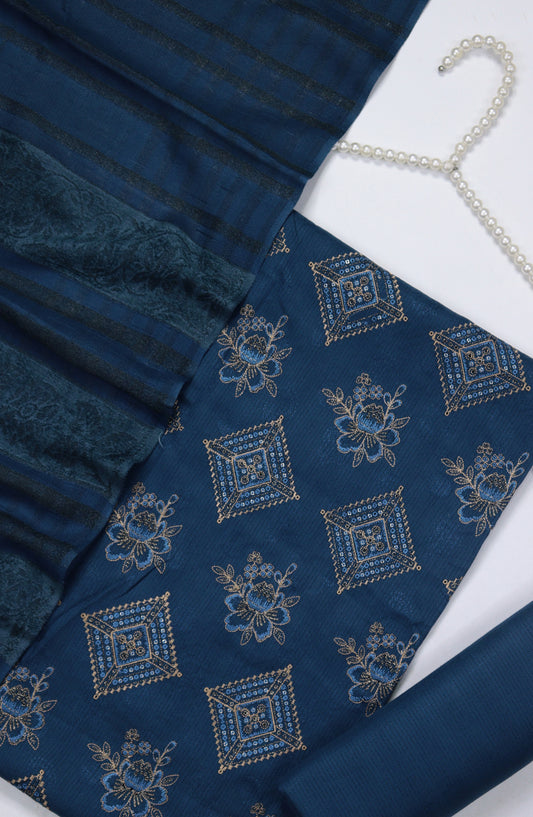 Amna Khadija Mahjabeen Broshia Dhanak Unstitched 3 Piece Suit - Design-01 - AM25MAHJ - Blue - Winter Collection
