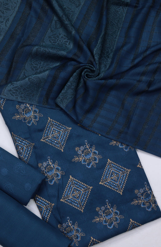 Amna Khadija Mahjabeen Broshia Dhanak Unstitched 3 Piece Suit - Design-01 - AM25MAHJ - Blue - Winter Collection