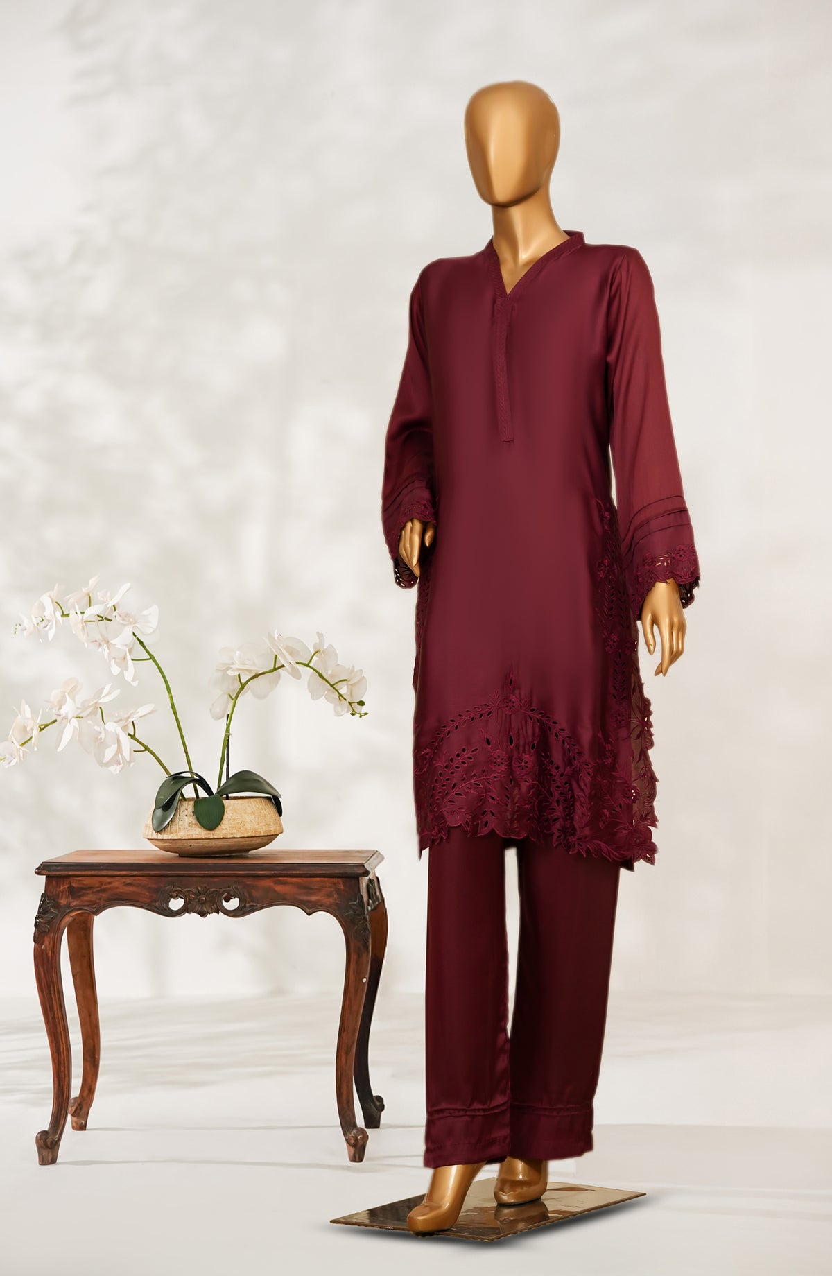 Mohar by Amna Khadija Embroidered Shamooz Silk Stitched 2 Piece Suit - AKMS-05 - AM25HARR - Maroon - Winter Collection
