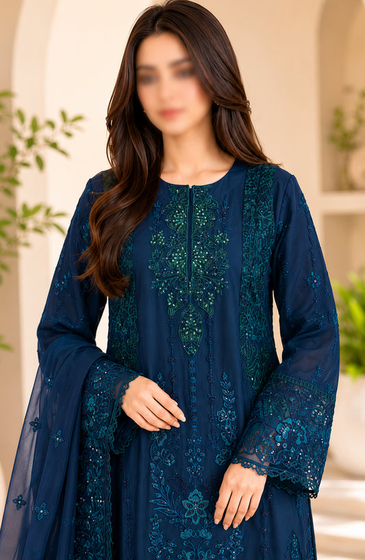 Amna Khadija Neroli Embroidered Chiffon Stitched 3 Piece Suit - AKNC-01 - AM26NARL - Blue - Festive Collection