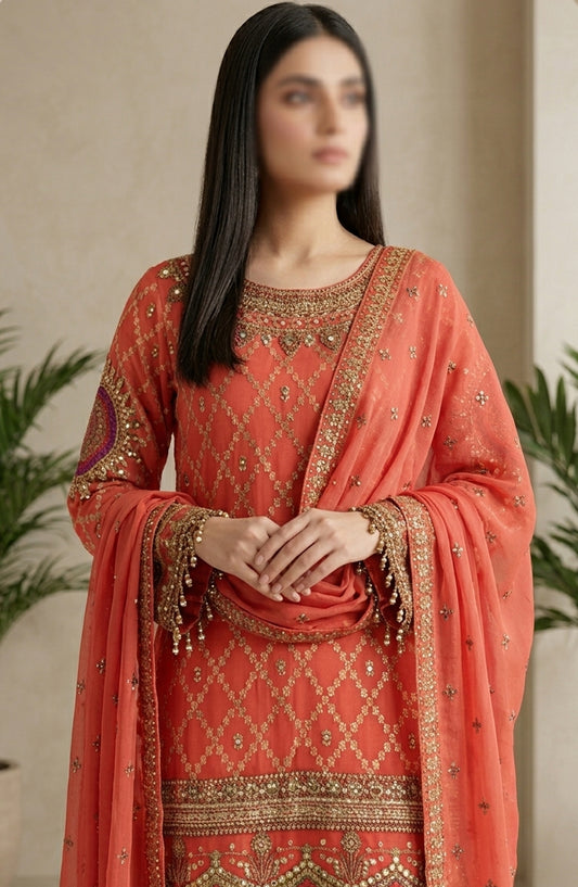 Amna Khadija Neroli Embroidered Chiffon Stitched 3 Piece Suit - AKNC-02 - AM26NARL - Orange - Festive Collection