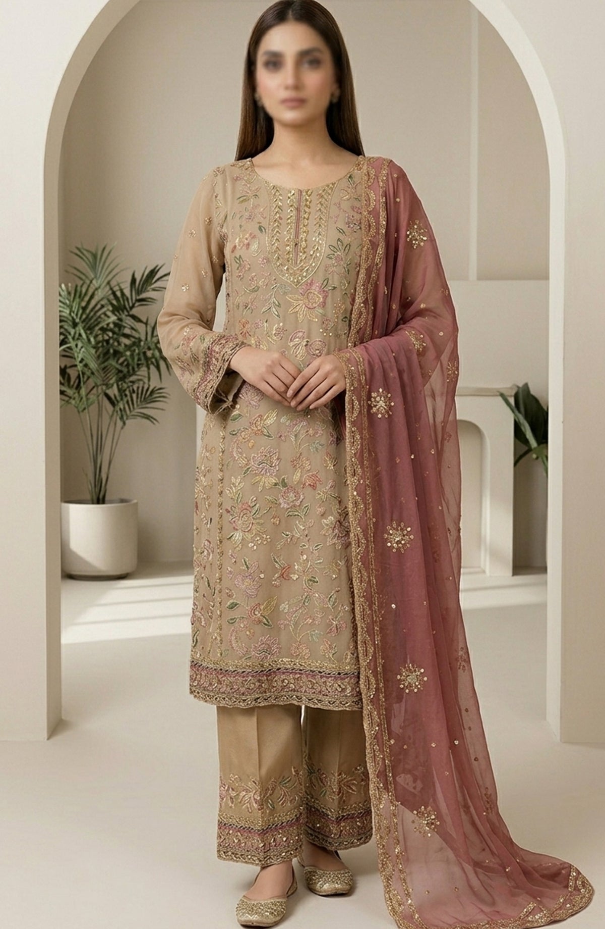 Amna Khadija Neroli Embroidered Chiffon Stitched 3 Piece Suit - AKNC-03 - AM26NARL - Beige - Festive Collection