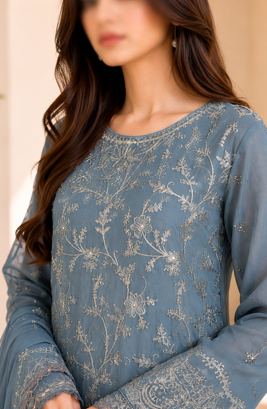 Amna Khadija Neroli Embroidered Chiffon Stitched 3 Piece Suit - AKNC-04 - AM26NARL - Blue - Festive Collection