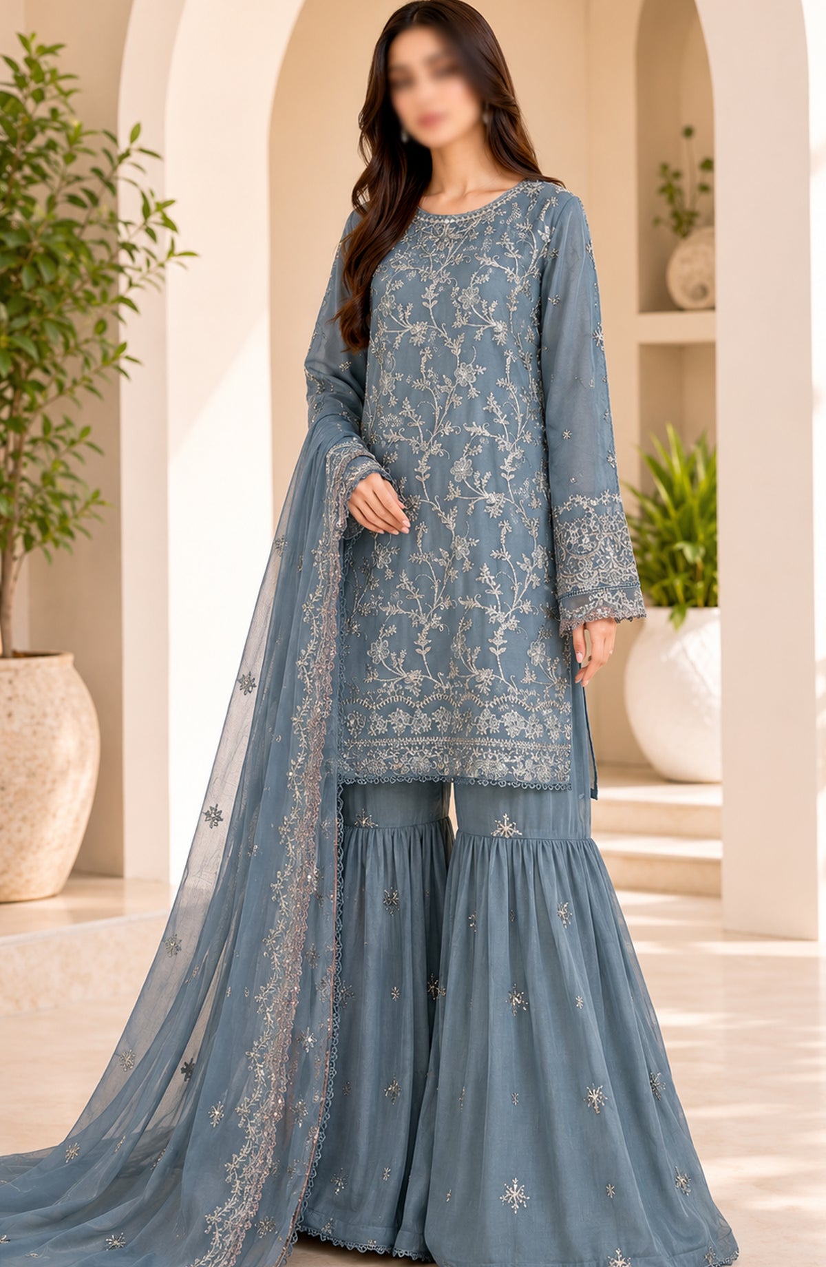 Amna Khadija Neroli Embroidered Chiffon Stitched 3 Piece Suit - AKNC-04 - AM26NARL - Blue - Festive Collection