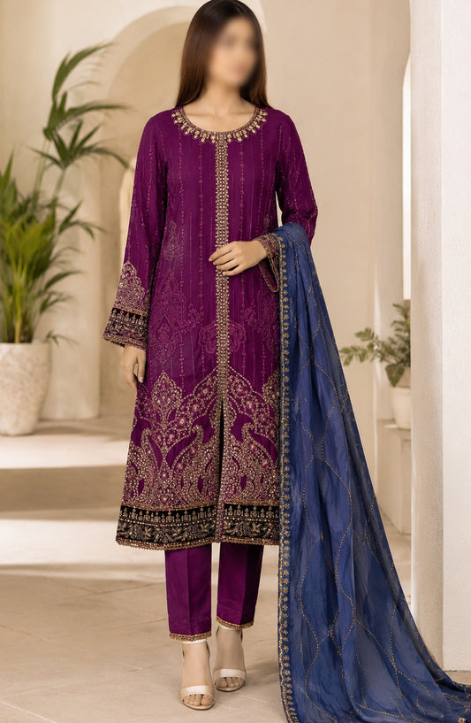 Amna Khadija Neroli Embroidered Chiffon Stitched 3 Piece Suit - AKNC-07 - AM26NARL - Burgundy - Festive Collection