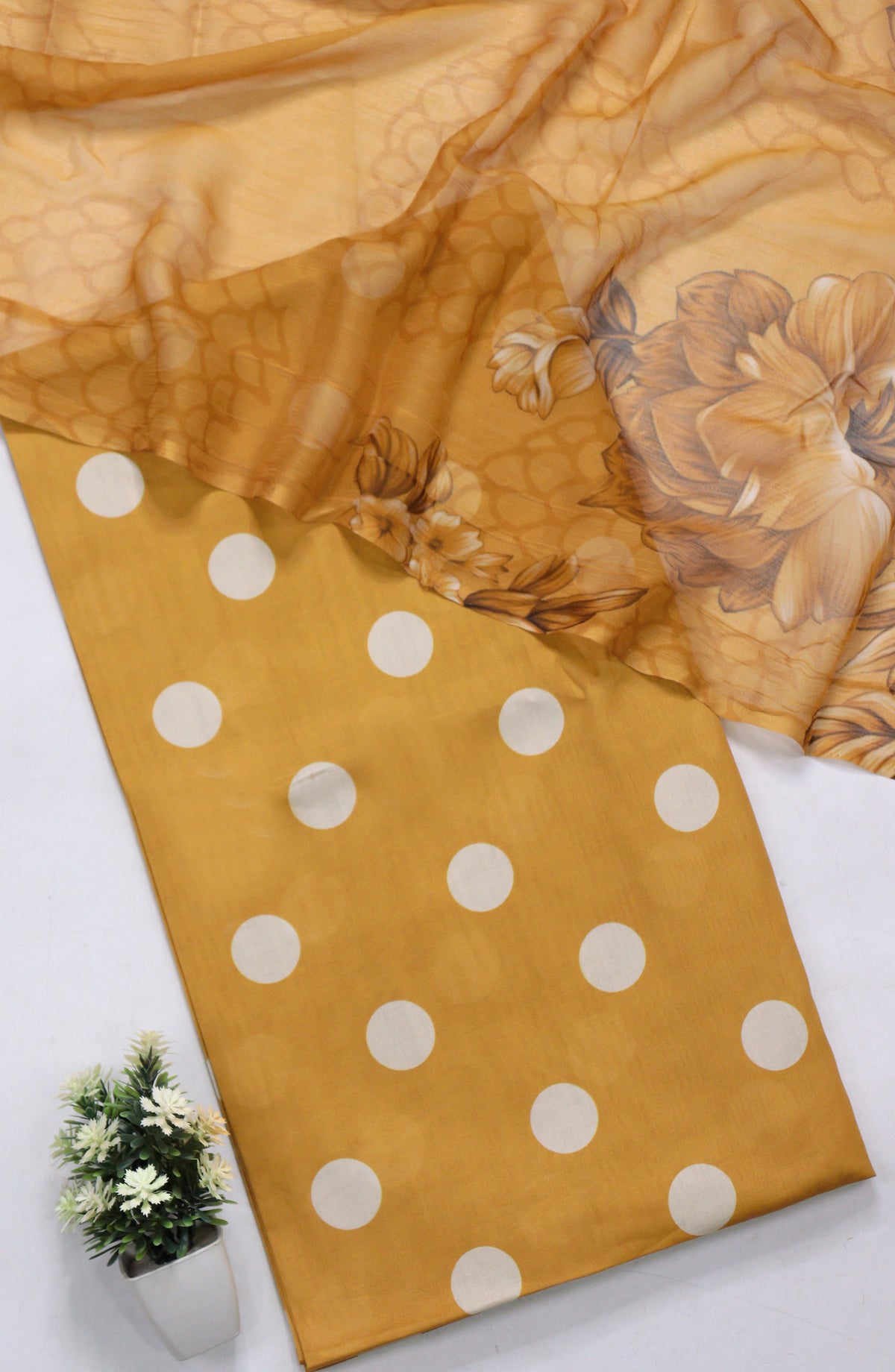 Amna Khadija Polka Dot Printed Lawn Unstitched 3 Piece Suit - D-06 - AM26PLD - Mustard - Summer Collection