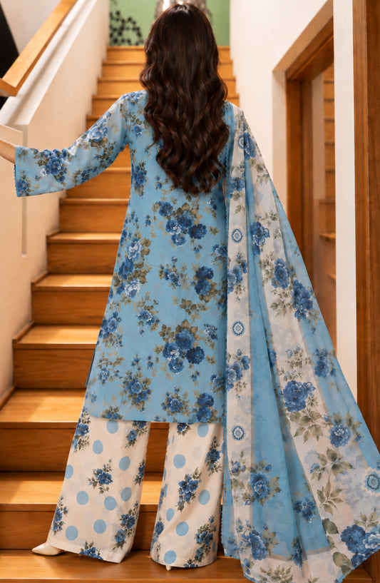 Amna Khadija Printed Cotton Stitched 3 Piece Suit - AKED-07 - AM26VRY - Light Blue - Summer Collection