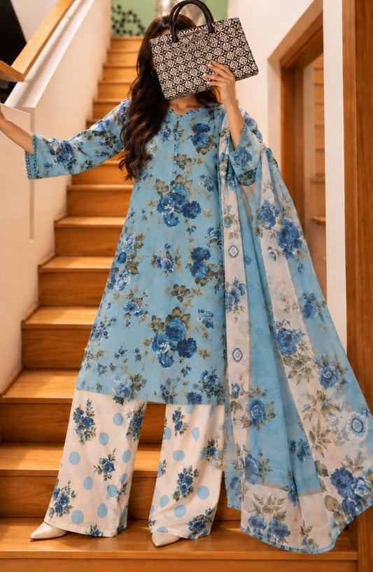 Amna Khadija Printed Cotton Stitched 3 Piece Suit - AKED-07 - AM26VRY - Light Blue - Summer Collection