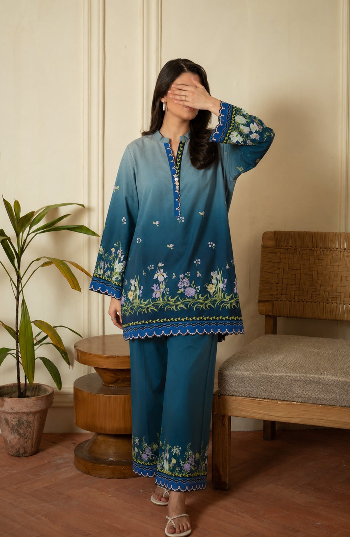 Amna Khadija Rozana Printed Polly Silk Stitched 2 Piece Co-ord Set - AKR-01 - AM26ROZN - Blue - Summer Collection