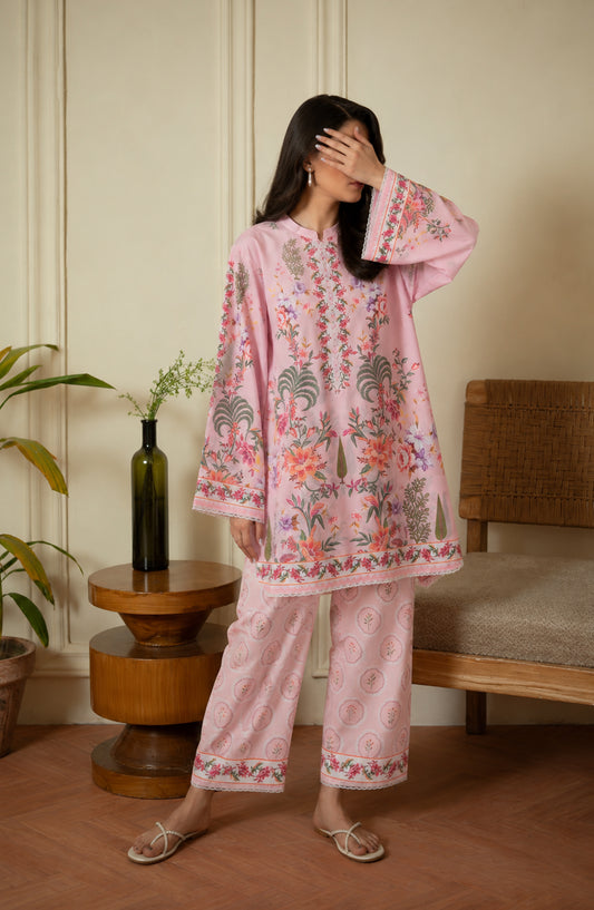 Amna Khadija Rozana Printed Polly Silk Stitched 2 Piece Co-ord Set - AKR-03 - AM26ROZN - Pink - Summer Collection