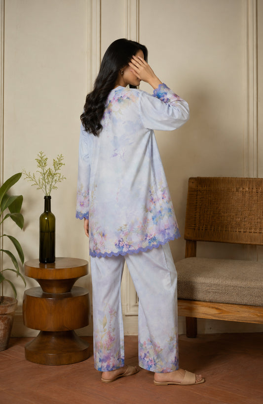 Amna Khadija Rozana Printed Polly Silk Stitched 2 Piece Co-ord Set - AKR-04 - AM26ROZN - Ice Blue - Summer Collection