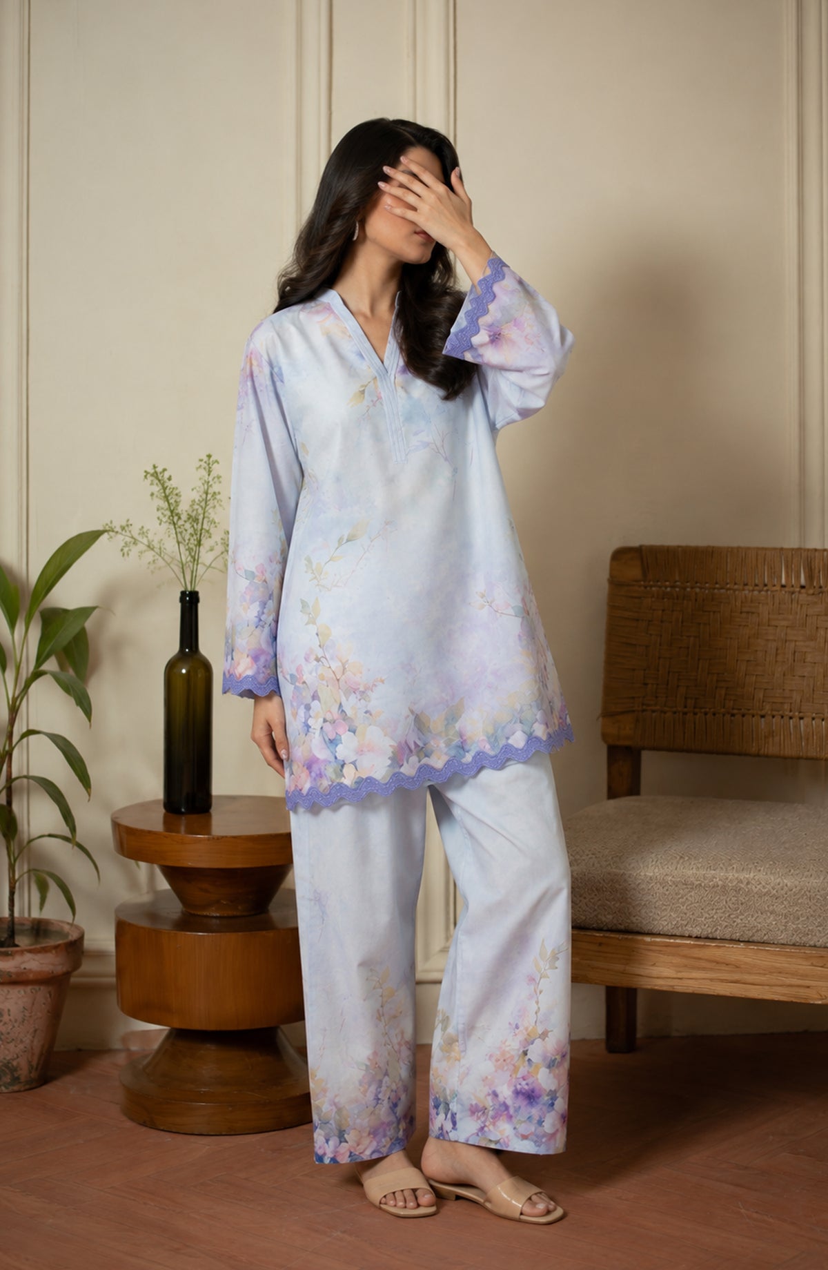 Amna Khadija Rozana Printed Polly Silk Stitched 2 Piece Co-ord Set - AKR-04 - AM26ROZN - Ice Blue - Summer Collection