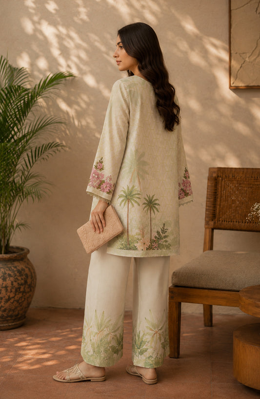 Amna Khadija Rozana Printed Polly Silk Stitched 2 Piece Co-ord Set - AKR-07 - AM26ROZN - Pista Green - Summer Collection