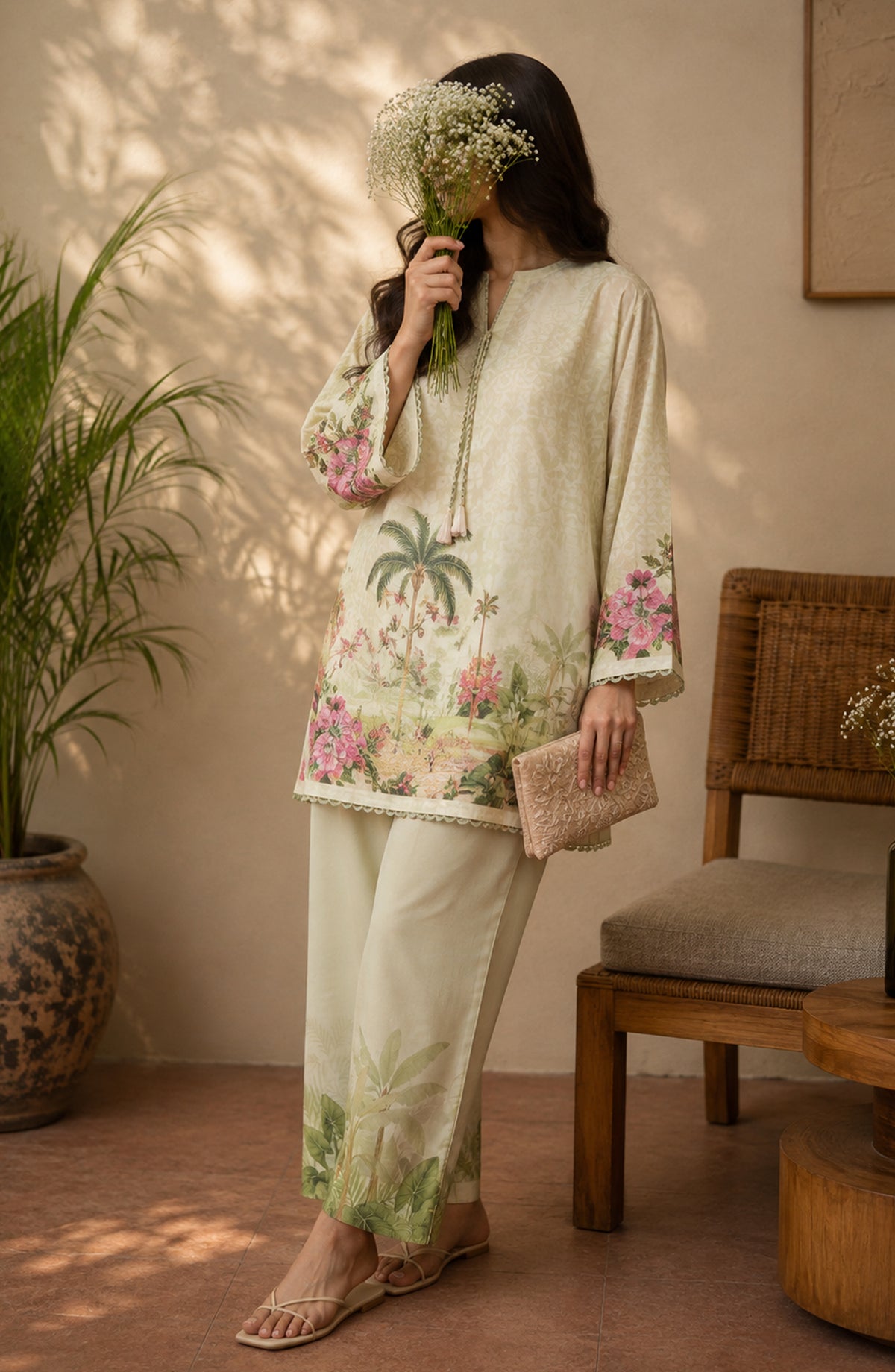 Amna Khadija Rozana Printed Polly Silk Stitched 2 Piece Co-ord Set - AKR-07 - AM26ROZN - Pista Green - Summer Collection