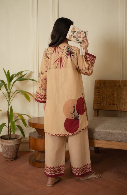 Amna Khadija Rozana Printed Polly Silk Stitched 2 Piece Co-ord Set - AKR-08 - AM26ROZN - Fawn - Summer Collection