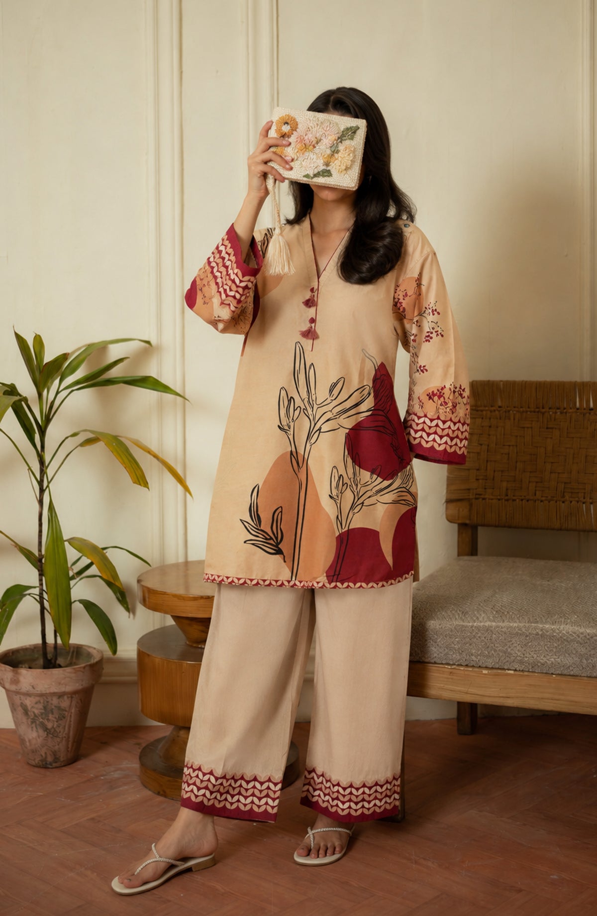 Amna Khadija Rozana Printed Polly Silk Stitched 2 Piece Co-ord Set - AKR-08 - AM26ROZN - Fawn - Summer Collection