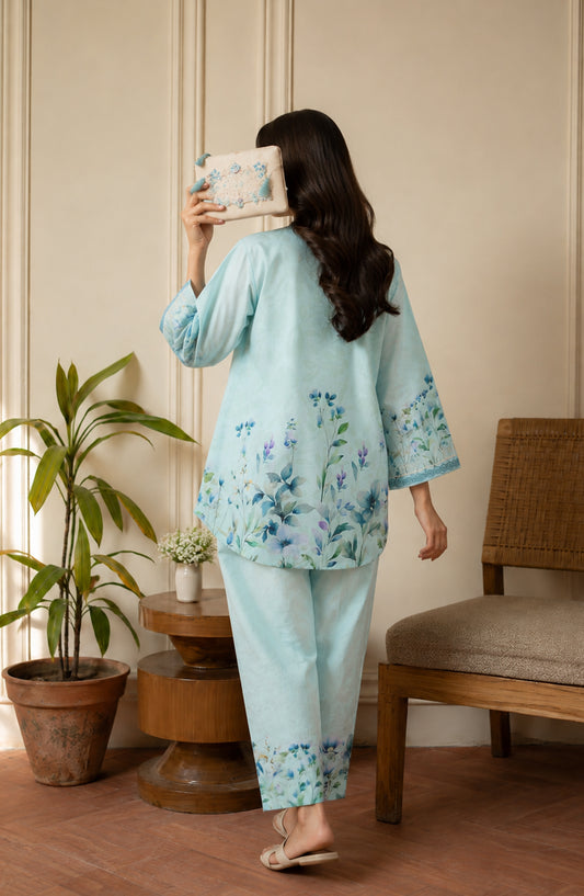 Amna Khadija Rozana Printed Polly Silk Stitched 2 Piece Co-ord Set - AKR-09 - AM26ROZN - Light Ferozi - Summer Collection