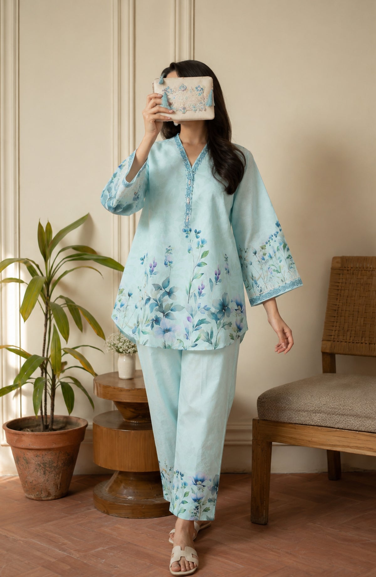 Amna Khadija Rozana Printed Polly Silk Stitched 2 Piece Co-ord Set - AKR-09 - AM26ROZN - Light Ferozi - Summer Collection