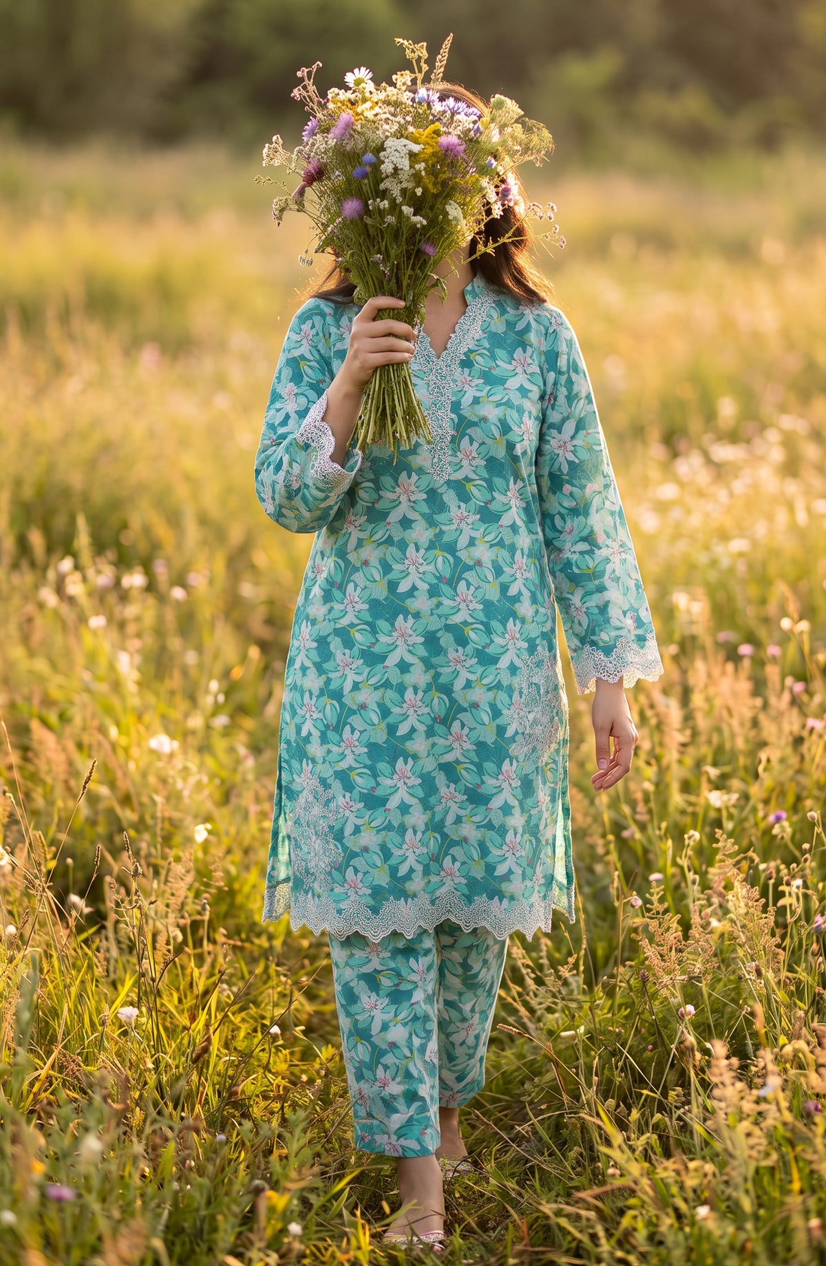 Amna Khadija Summer Essentials Embroidered Chikankari Lawn Stitched 2 Piece Co-ord Set - AKSE-27 - AM26FRUO - Ferozi - Summer Collection