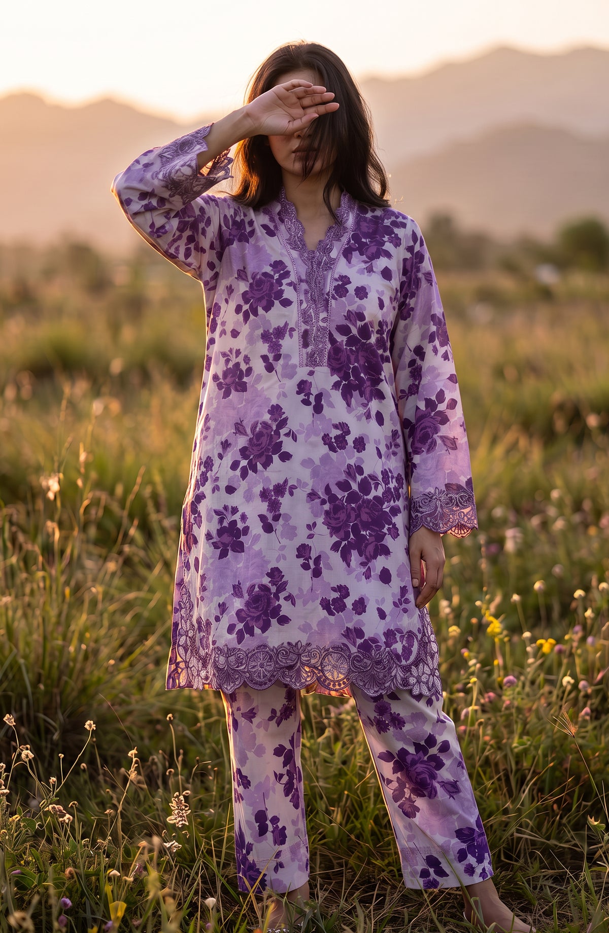 Amna Khadija Summer Essentials Embroidered Chikankari Lawn Stitched 2 Piece Co-ord Set - AKSE-30 - AM26FRUO - Purple - Summer Collection