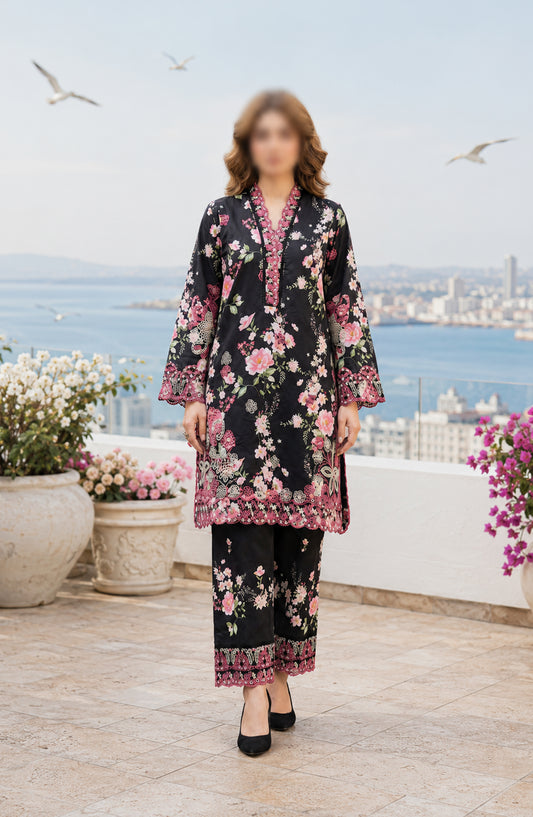 Amna Khadija Summer Essentials Embroidered Lawn Stitched 2 Piece Suit - AKSE-10 - AM26TIAL - Black - Summer Collection