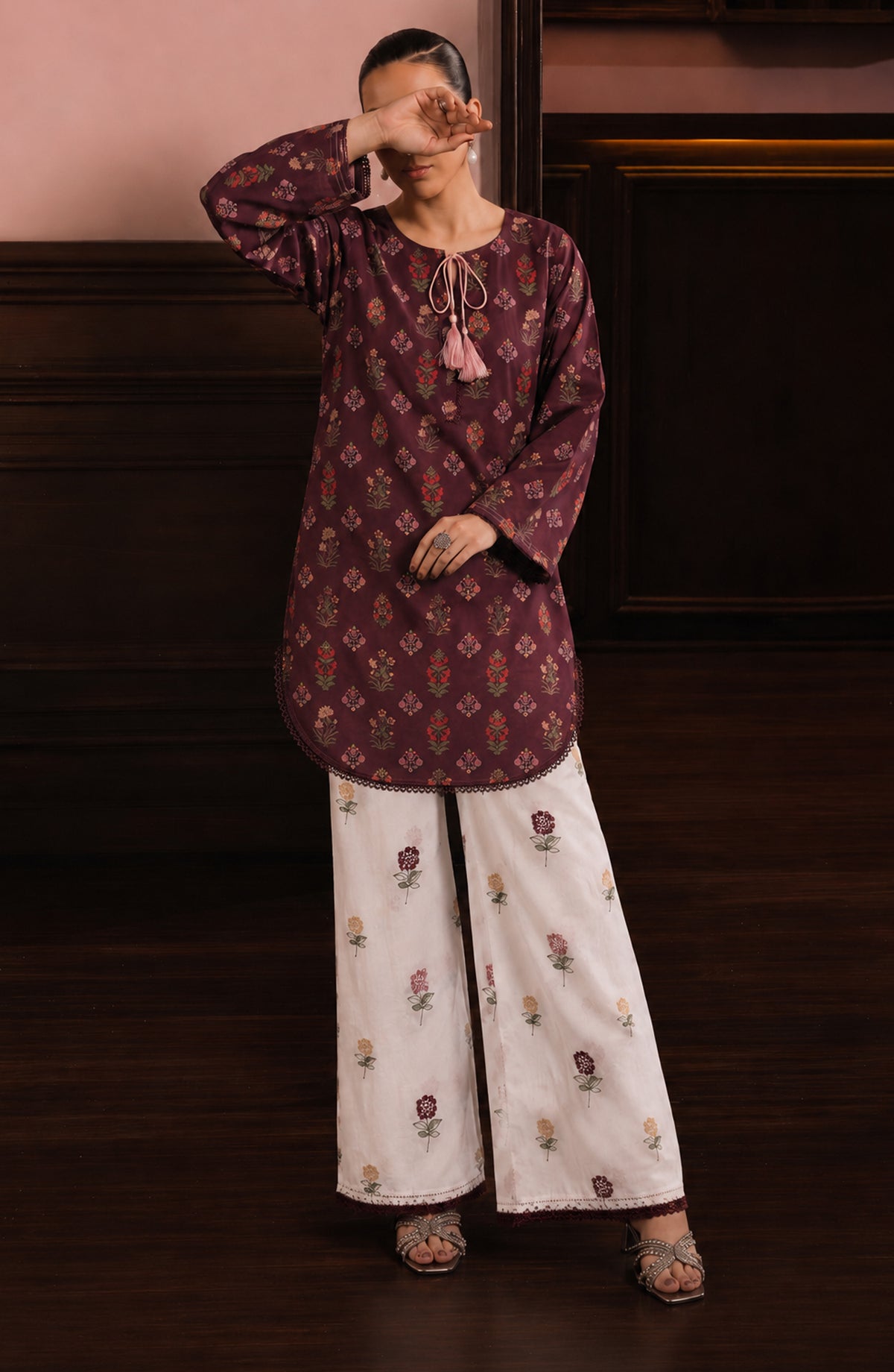 Amna Khadija Sureeli Embroidered Cotton Lawn Stitched 2 Piece Co-ord Set - AKSC-05 - AM26RLI - Maroon - Summer Collection