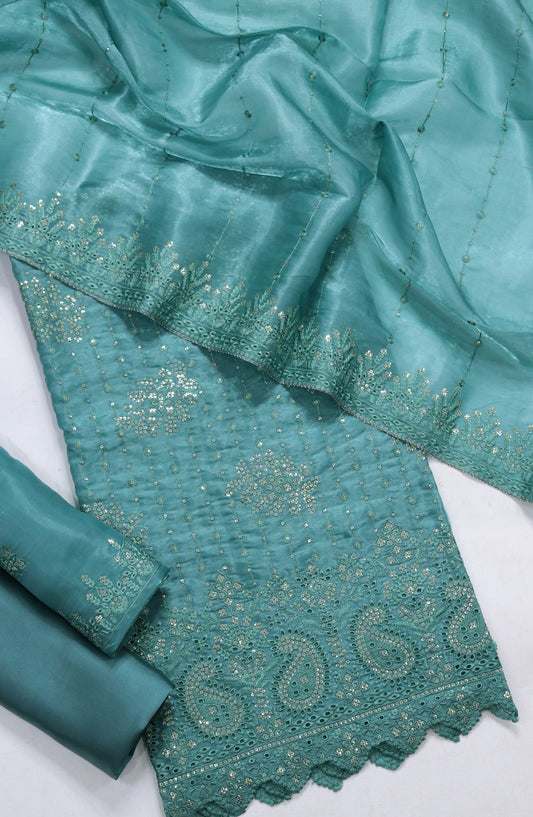 Amna Khadija Embroidered Sheesha Silk Unstitched 3 Piece Suit - D-18 - AM26SHES - Teal - Luxury Collection