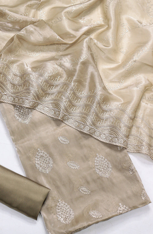 Amna Khadija Embroidered Sheesha Silk Unstitched 3 Piece Suit - D-06 - AM26SHES - Beige - Luxury Collection