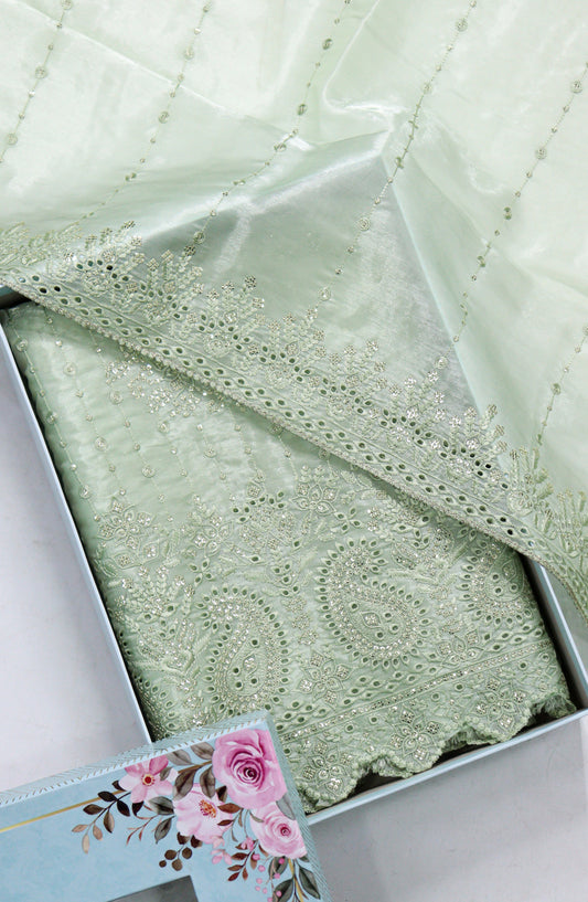 Amna Khadija Embroidered Sheesha Silk Unstitched 3 Piece Suit - D-17 - AM26SHES - Green - Luxury Collection