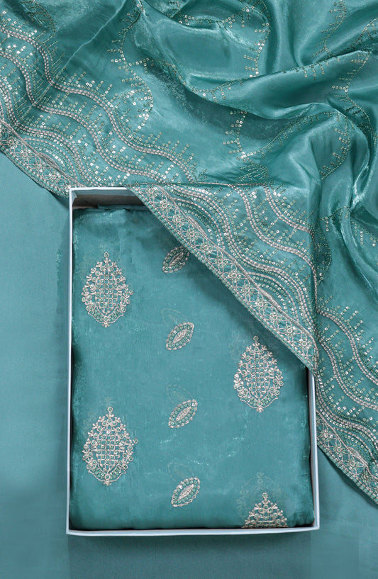 Amna Khadija Embroidered Sheesha Silk Unstitched 3 Piece Suit - D-04 - AM26SHES - Teal - Luxury Collection