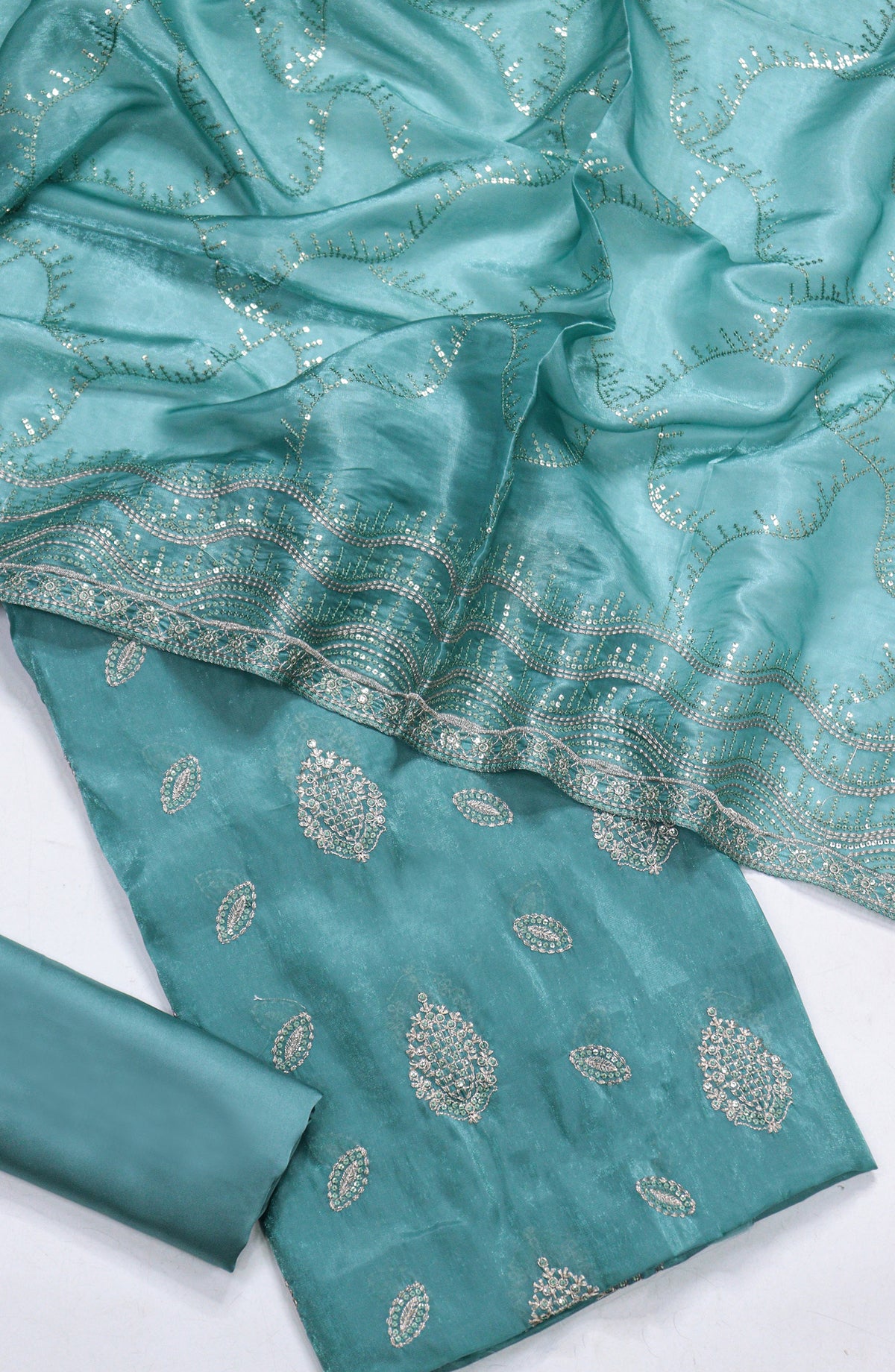 Amna Khadija Embroidered Sheesha Silk Unstitched 3 Piece Suit - D-04 - AM26SHES - Teal - Luxury Collection