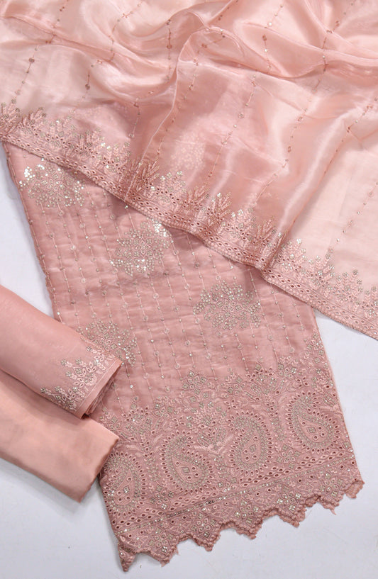 Amna Khadija Embroidered Sheesha Silk Unstitched 3 Piece Suit - D-16 - AM26SHES - Pink - Luxury Collection