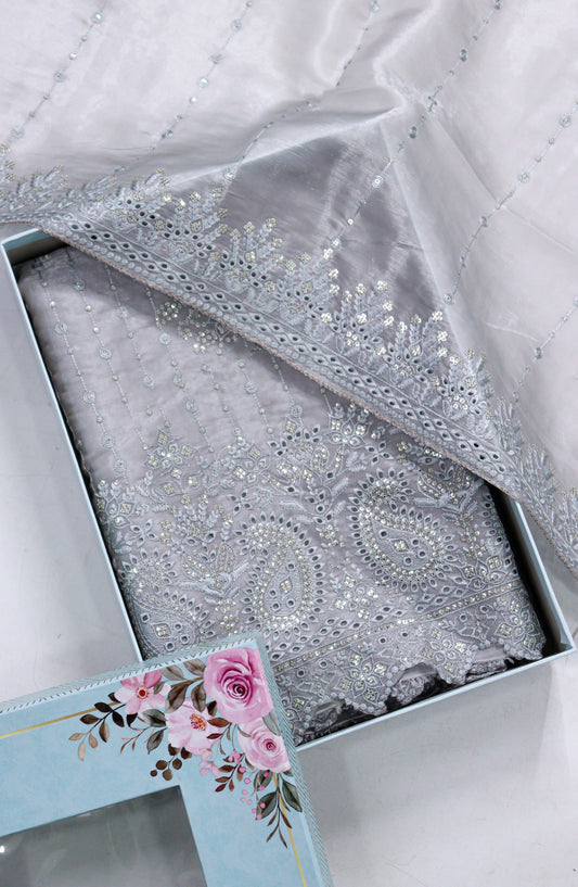 Amna Khadija Embroidered Sheesha Silk Unstitched 3 Piece Suit - D-15 - AM26SHES - Blue - Luxury Collection