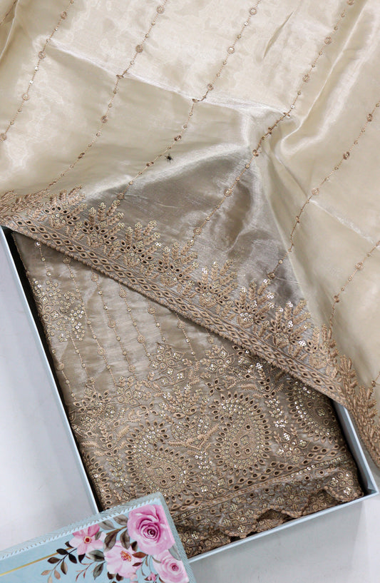 Amna Khadija Embroidered Sheesha Silk Unstitched 3 Piece Suit - D-14 - AM26SHES - Beige - Luxury Collection