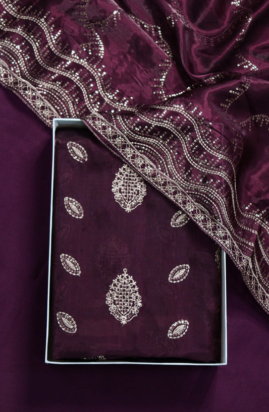 Amna Khadija Embroidered Sheesha Silk Unstitched 3 Piece Suit - D-02 - AM26SHES - Purple - Luxury Collection