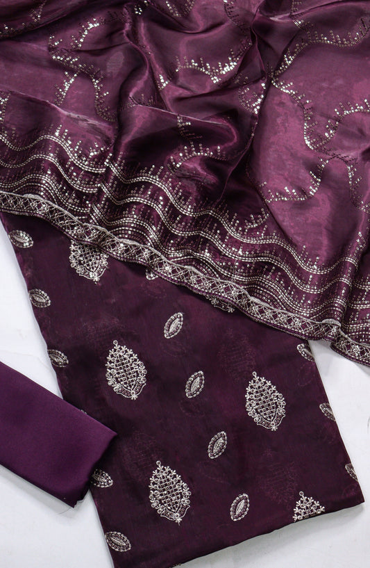 Amna Khadija Embroidered Sheesha Silk Unstitched 3 Piece Suit - D-02 - AM26SHES - Purple - Luxury Collection